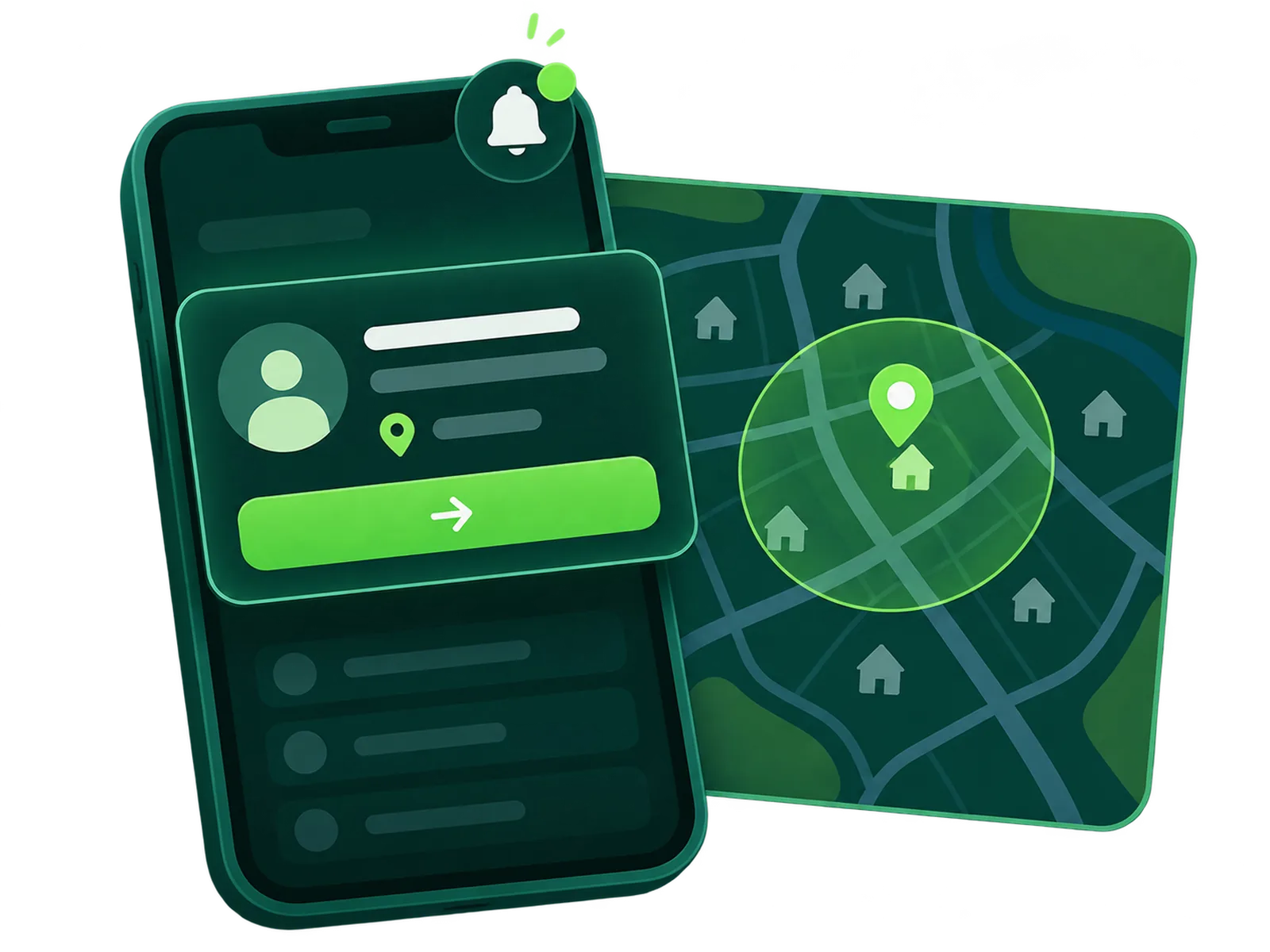 Illustratie van een telefoon met een nieuwe aanvraag en een kaart van de regio