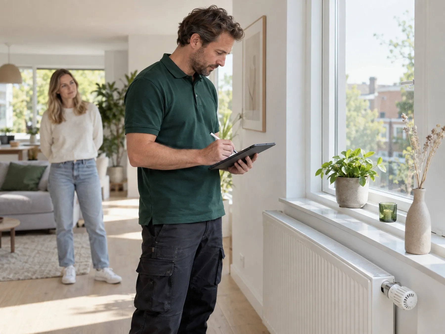 Energieadviseur maakt aantekeningen op een tablet tijdens een woningopname
